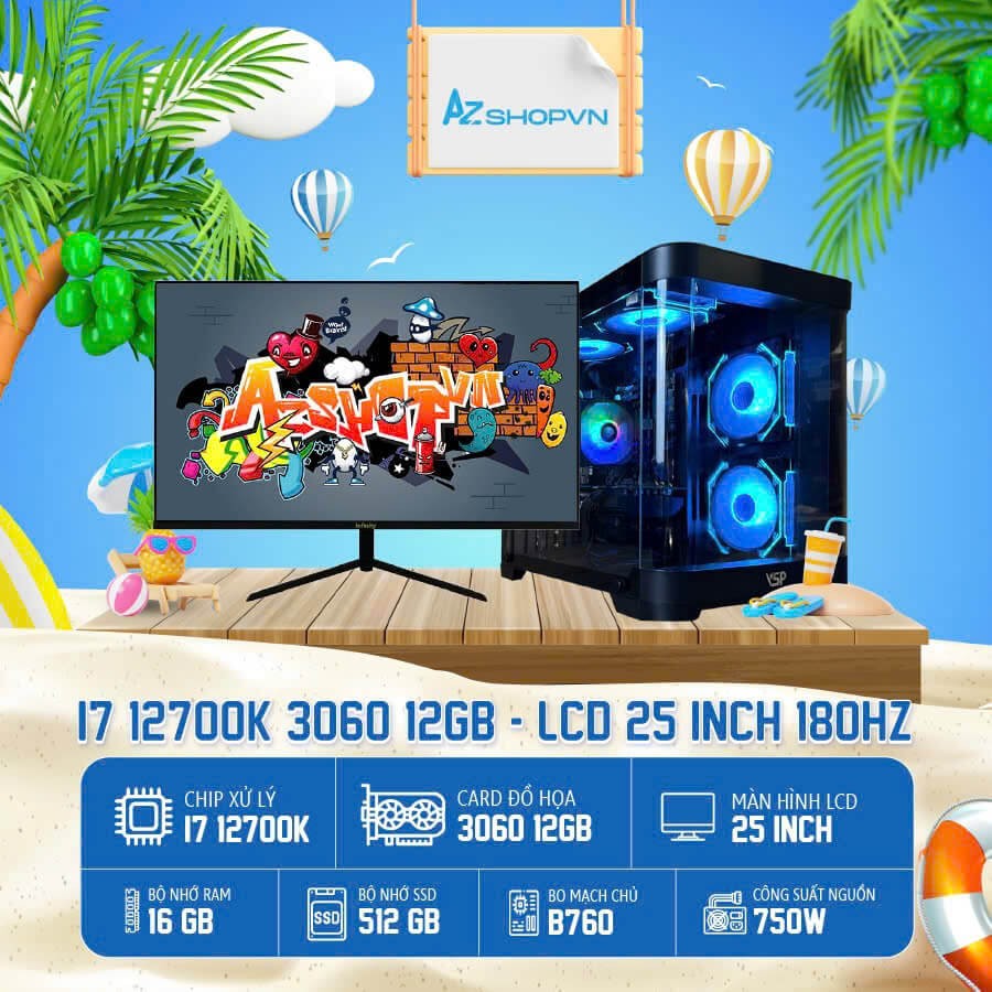 🔊𝐂𝐚𝐬𝐞 𝐀𝐳𝐆𝐚𝐦𝐞𝐫 𝐢𝟕 𝟏𝟐𝟕𝟎𝟎K VGA 3060 12GB & LCD 25 inch 180HZ phẳng !