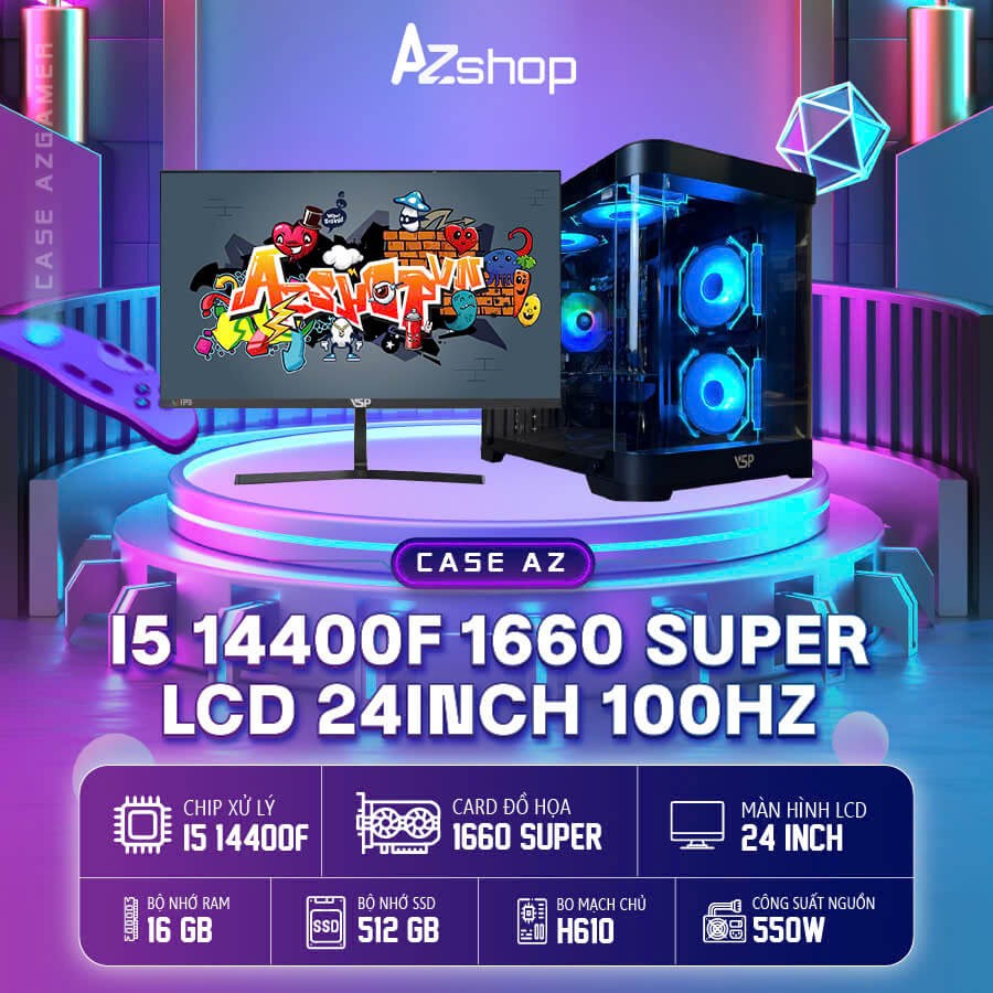 🔊Case Azgamer i5 14400F VGA 1660 SUPER  6GB & lcd 24 inch 100hz !