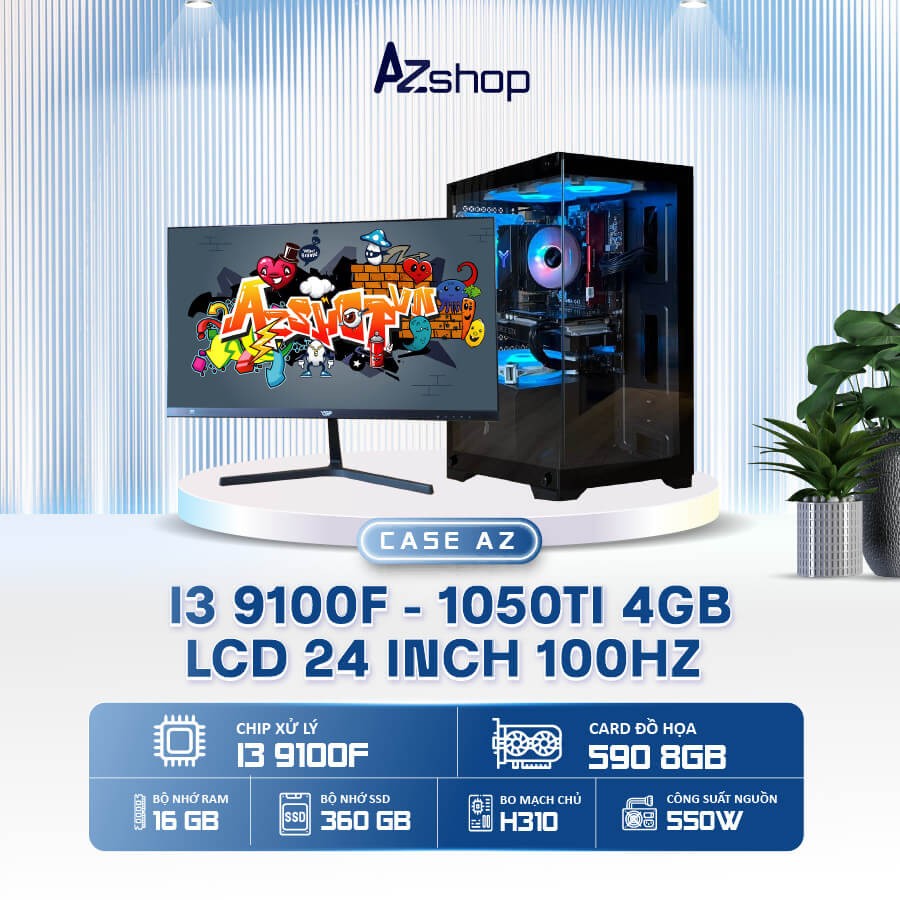 🔊Case AzGamer i3 9100F thế hệ 9 VGA & LCD 24 INCH VGA 1050TI 4BG!