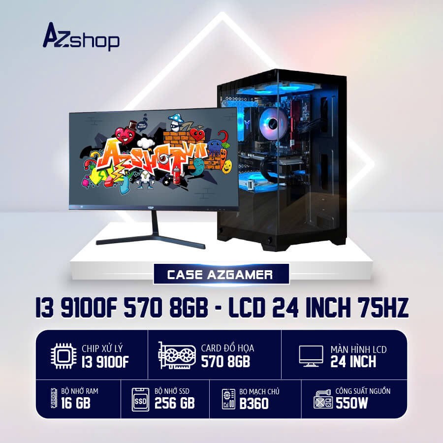 🔊Case AzGamer i3 9100F thế hệ 9  & LCD 24 75hz INCH VGA 570 8BG!