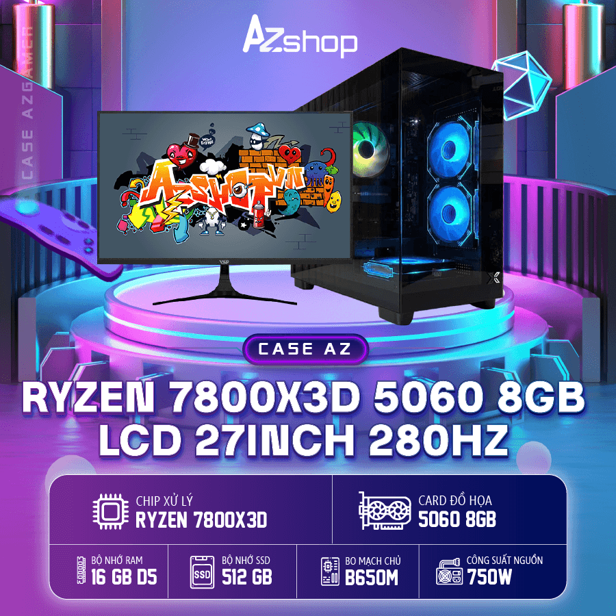 𝐂𝐚𝐬𝐞 𝐀𝐳𝐆𝐚𝐦𝐞𝐫 AMD Ryzen 7800X3D VGA 5060 8GB  Ram 16GB + Màn 27 inch 280HZ !