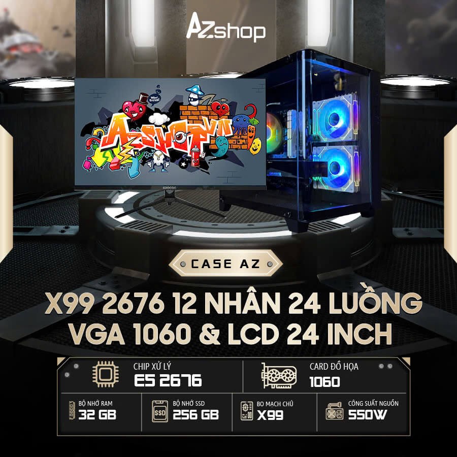 🔊🔊🔊Case AzServer X99 2676  12 NHÂN 24 LUỒNG 1050TI 4GB  & LCD 24 inch  !