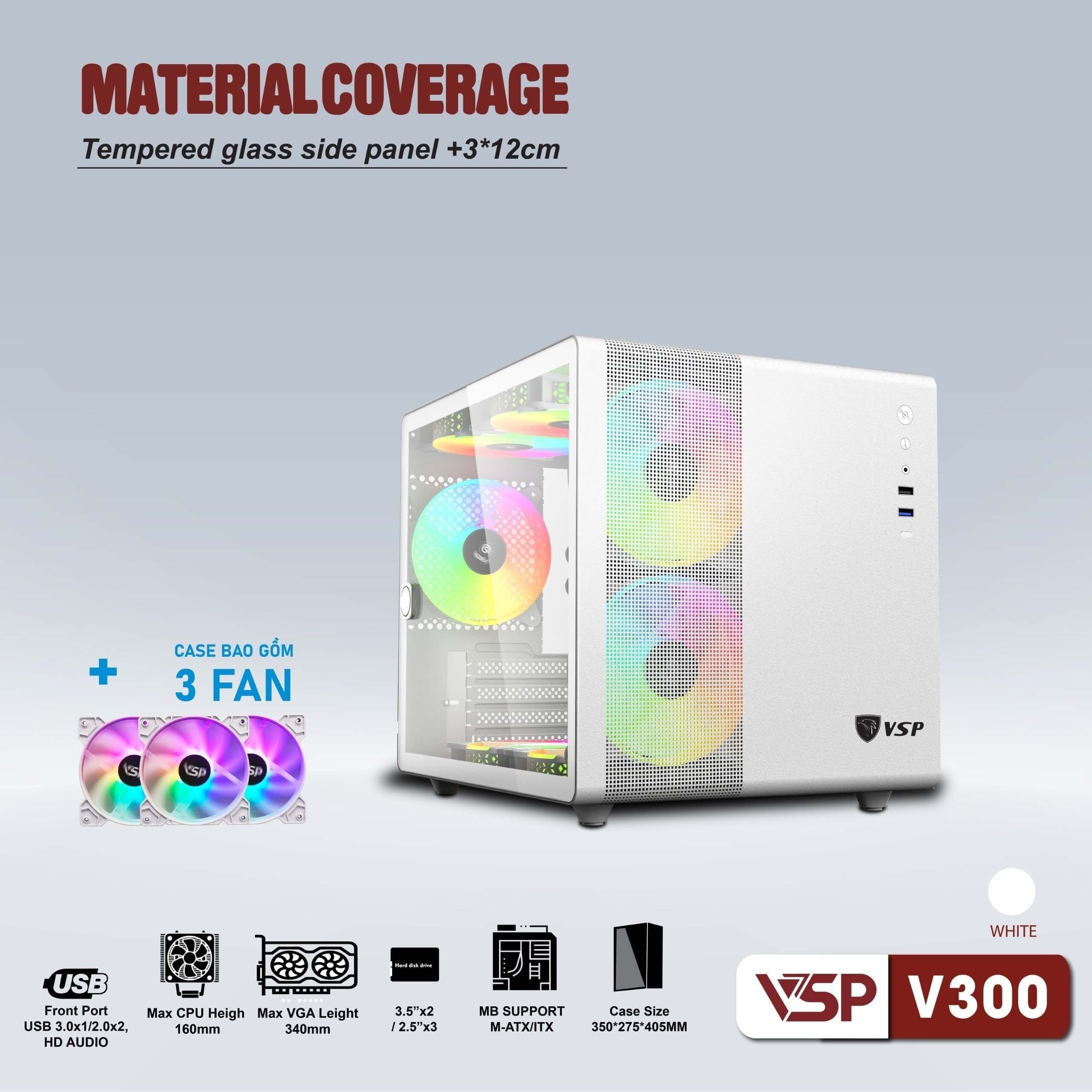 ✔️ Case VSP V300 Kèm 3 Fan LED (mATX,  Trắng)
