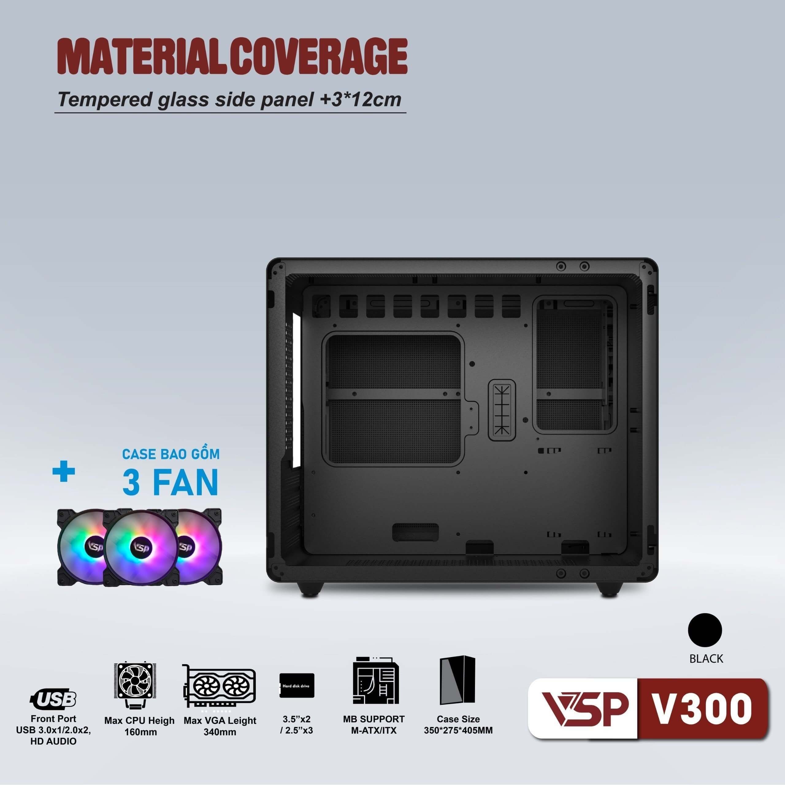 ✔️ Case VSP V300 Kèm 3 Fan LED (mATX, Đen)