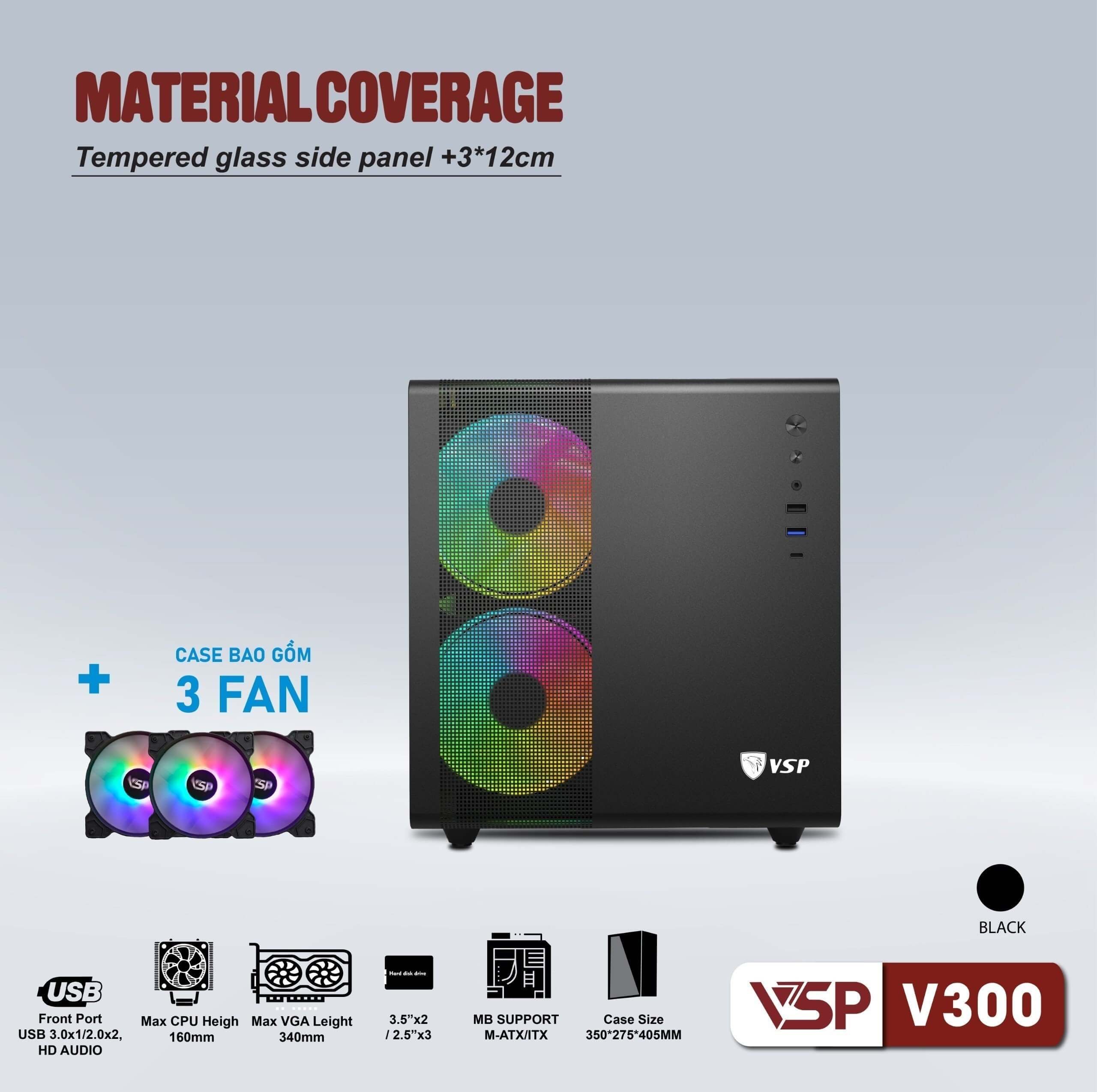 ✔️ Case VSP V300 Kèm 3 Fan LED (mATX, Đen)