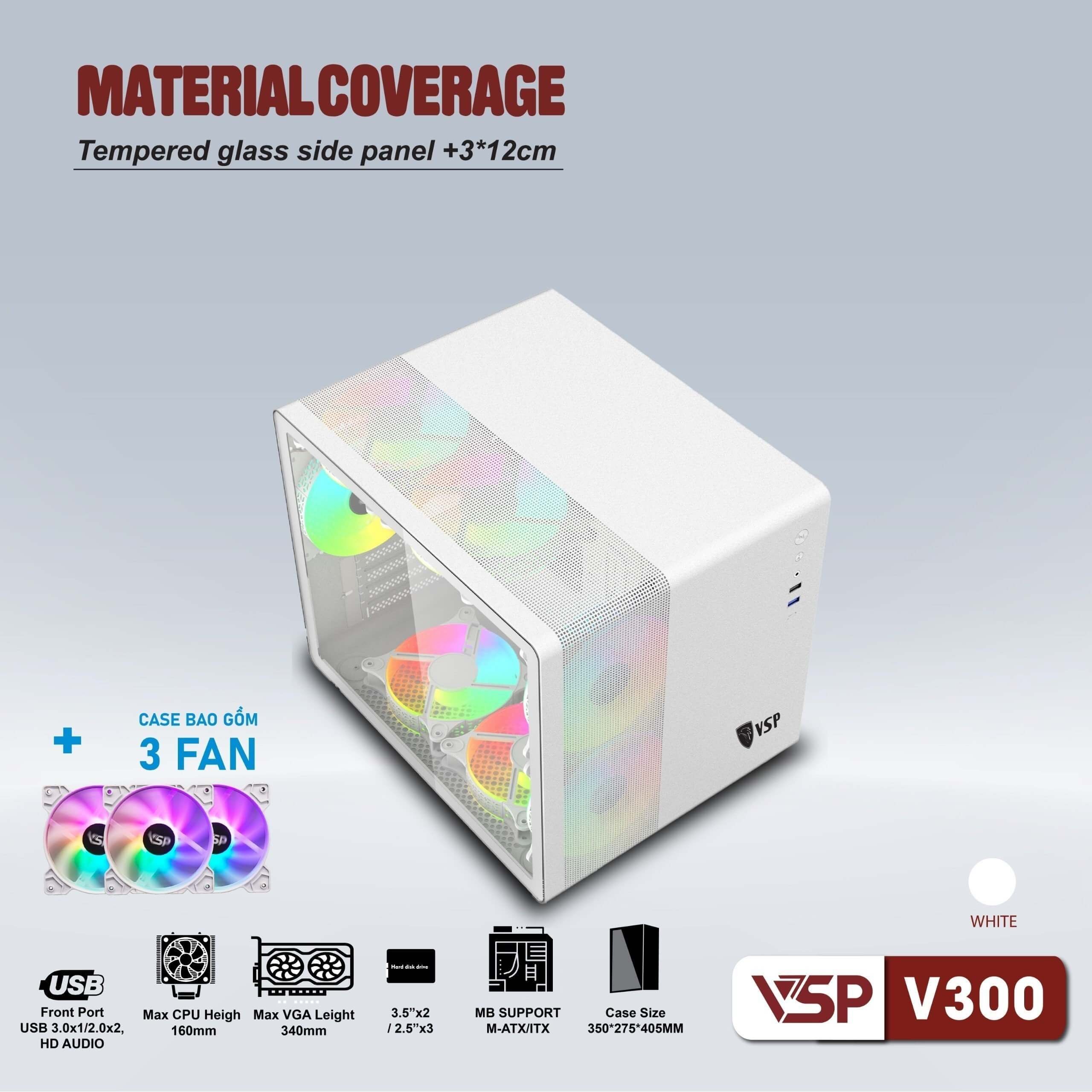 ✔️ Case VSP V300 Kèm 3 Fan LED (mATX,  Trắng)