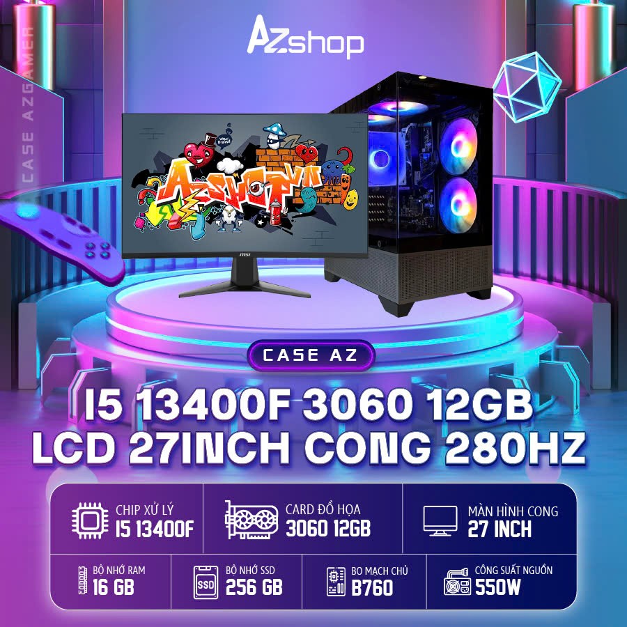 🔊Case Azgamer B760 i5 13400F VGA 3060 12GB & lcd 27 inch 280hz !