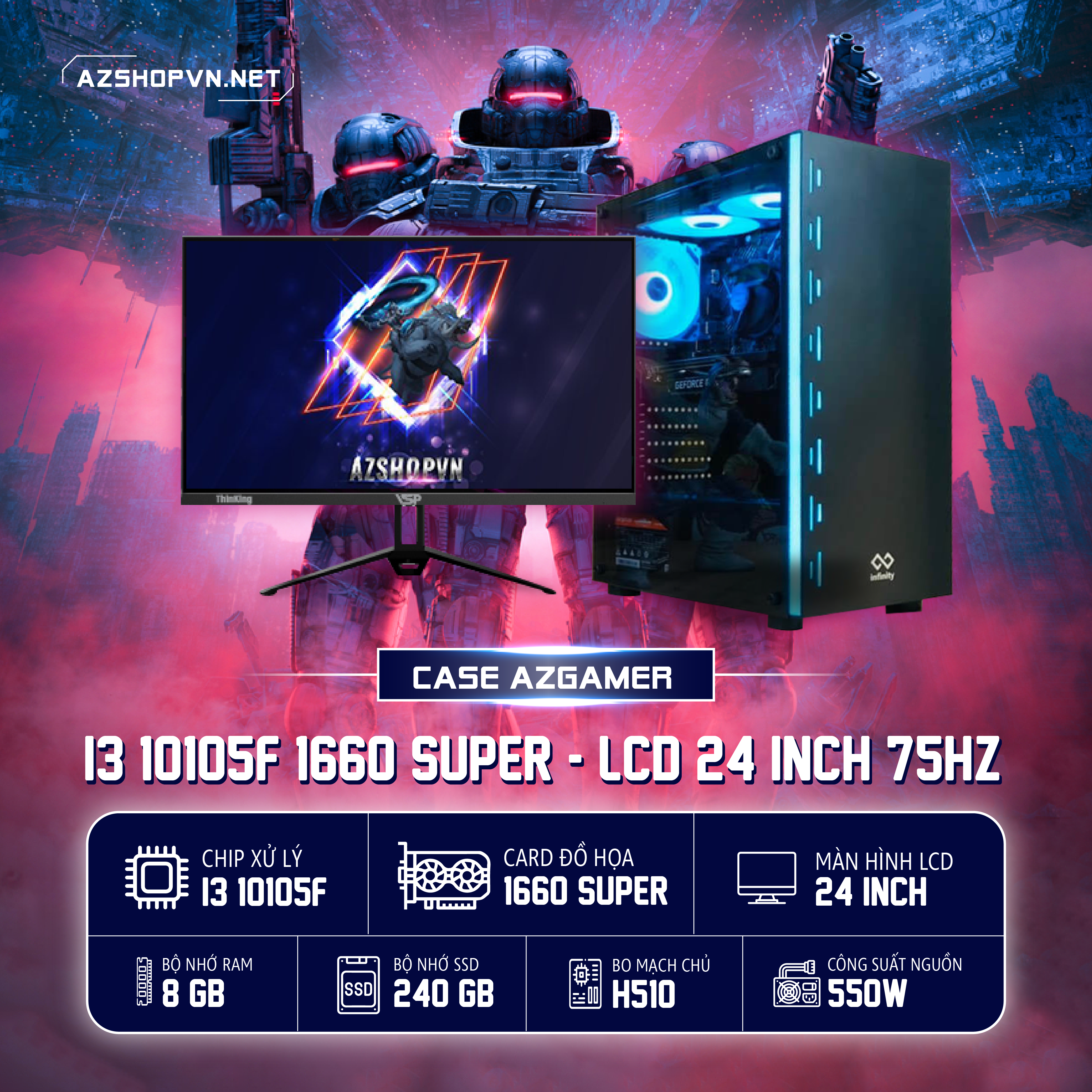🔊Case AzGamer i3 10105F 1660 super 6gb & LCD 24 inch 75hz  !