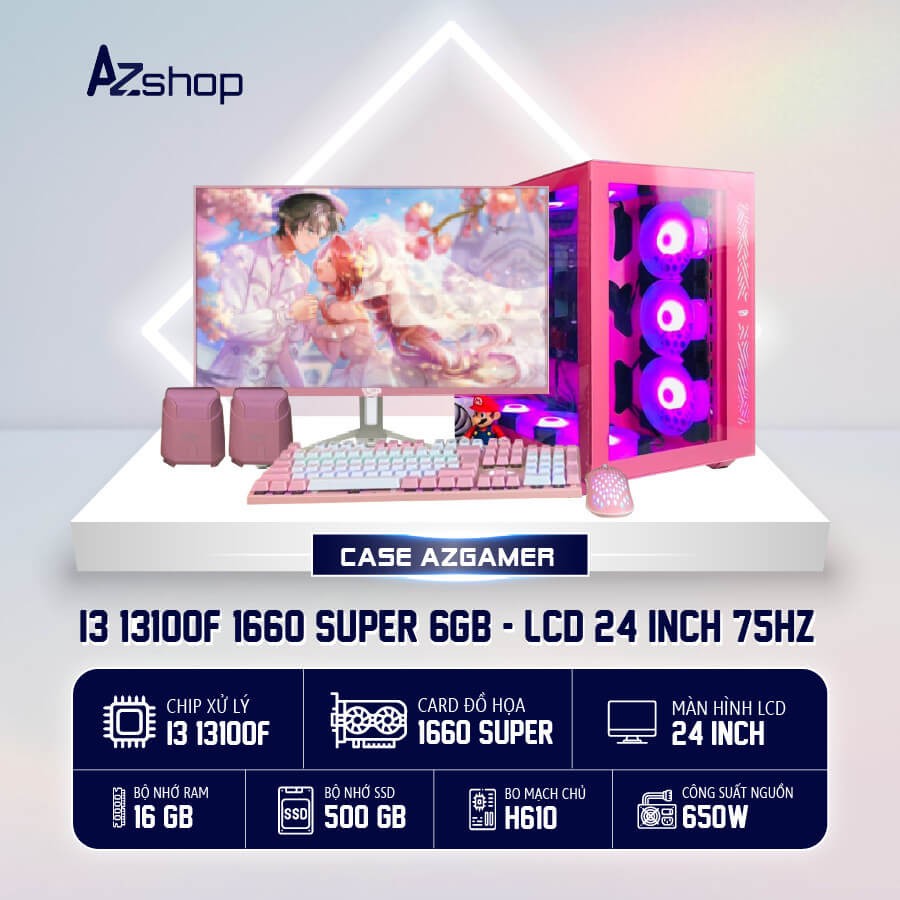 🔊𝐂𝐚𝐬𝐞 𝐀𝐙𝐠𝐚𝐦𝐞𝐫 THẾ HỆ 𝐢3 13100F 1660 super 6gb & kèm  LCD 24 inch hồng !