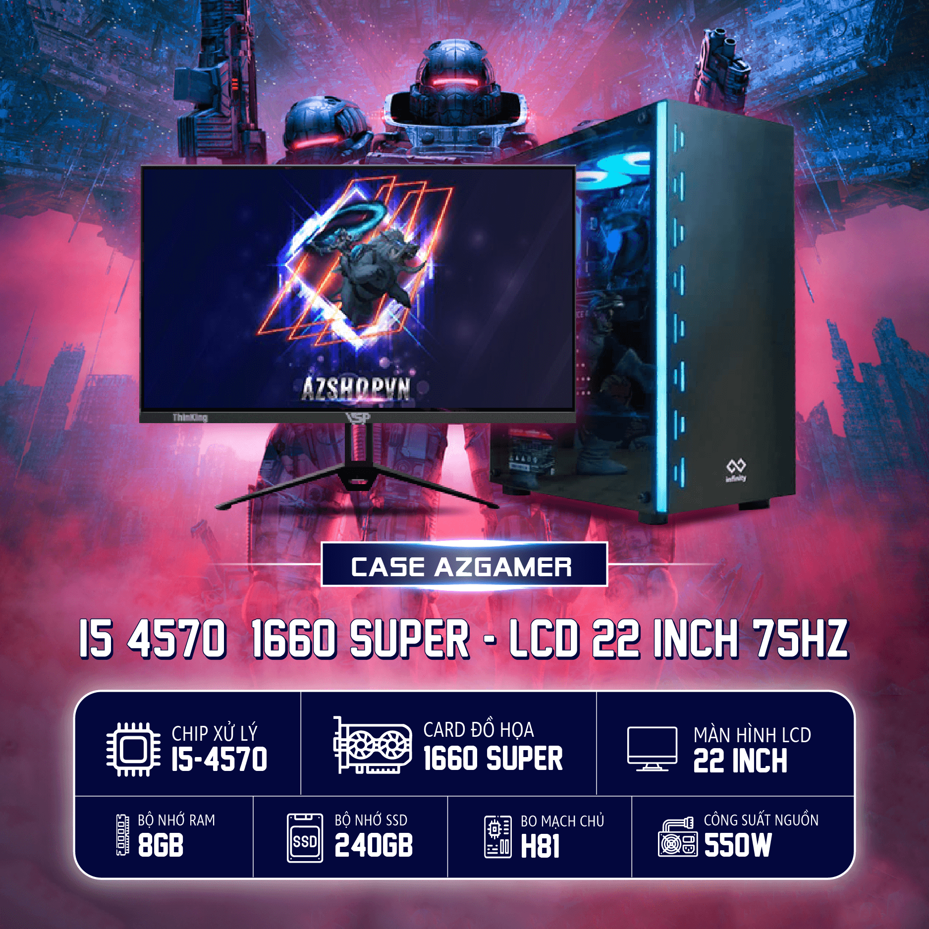 🔊Case AzGamer i5 4570 VGA 1660 Super 6GB & LCD 24 inch 75hz !