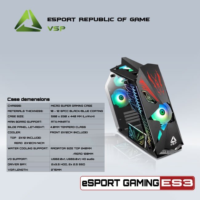 Case VSP E-ROG ES3 Gaming Có Sẵn panel LED và 5 Fan LED ARGB- Màu Đen