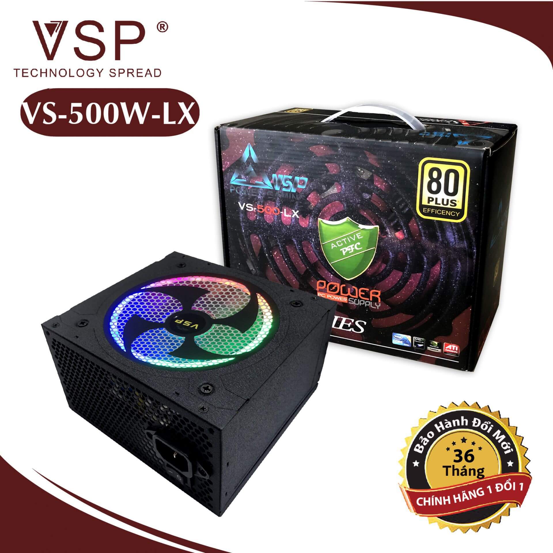 Nguồn máy tính VSP công suất thực 500W Led RGB Box